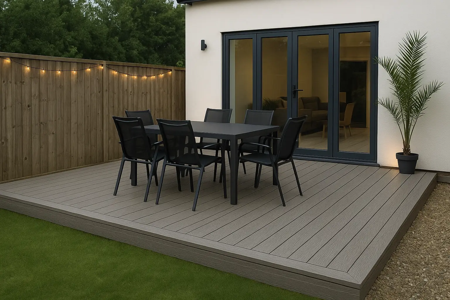 Elegant 4m x 4m composite decking patio, coloured in misty grey with artificial grass and gravel border