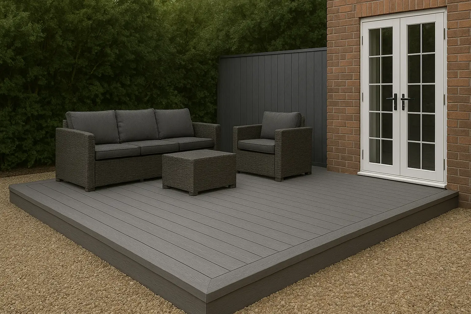 Patio doors leading to a simple grey decking area with rattan furniture. The perfect environment for entertaining.