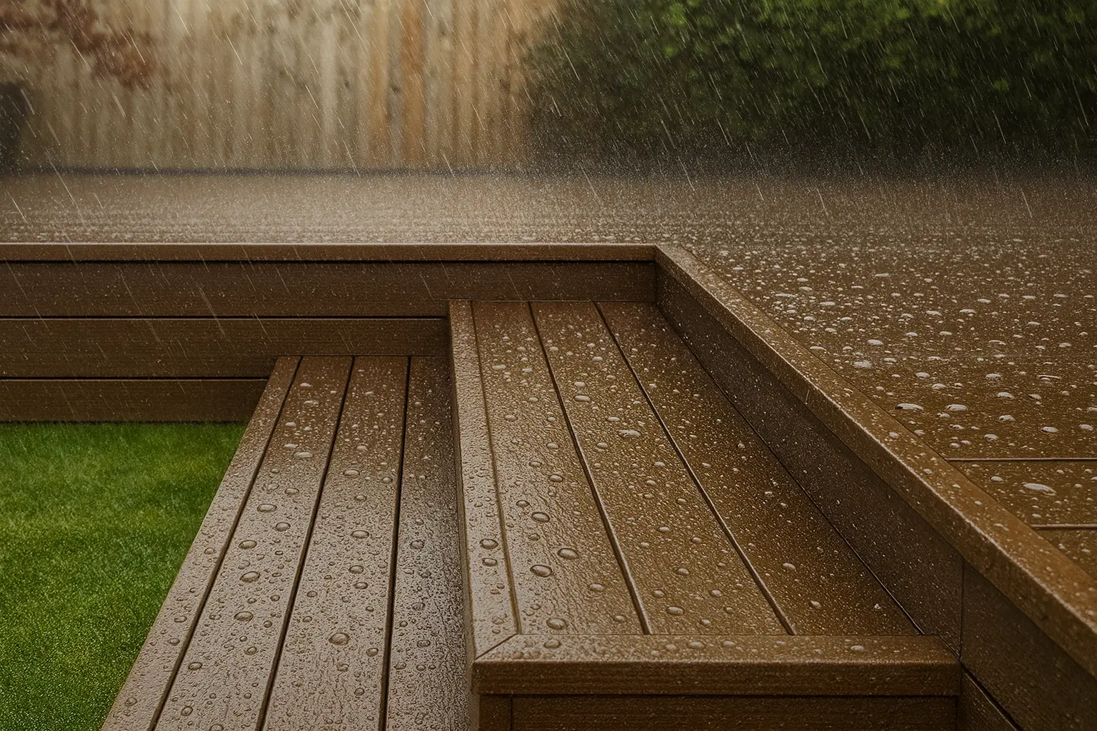 Anti-slip composite decking is perfectly suited to the UK climate. UV protected and slip resistance tested in both Wet and Oil loaded conditions.