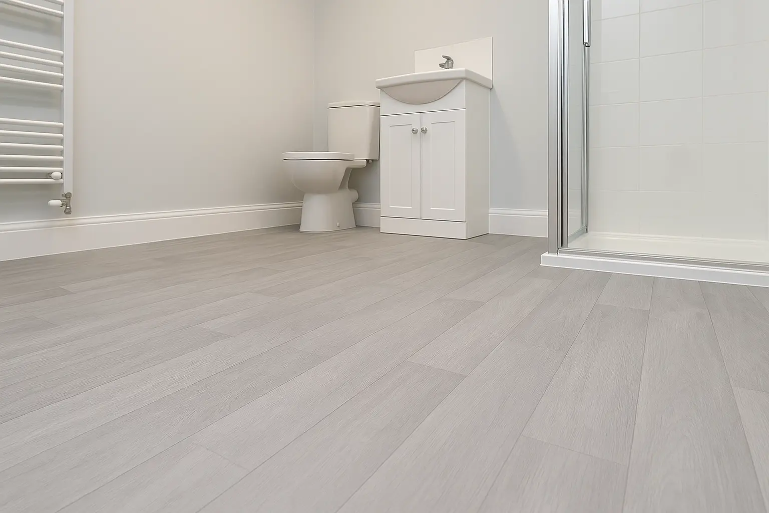3d aspect of grey sheet vinyl flooring in a simple, white shower room.