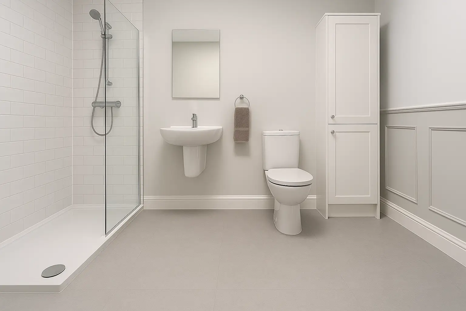 Clean and affordable shower room flooring. Textured light grey, sheet vinyl is ideal for landlords and rental properties.