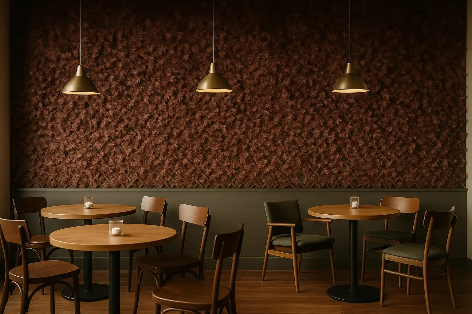 Several Red Acer extendable hedge panels used together to create a beautiful feature wall in a modern coffee shop