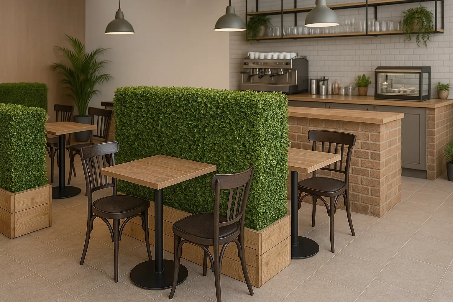 Coffee shop with Topiary Box Hedging to add much needed greenery and privacy screening between seating areas