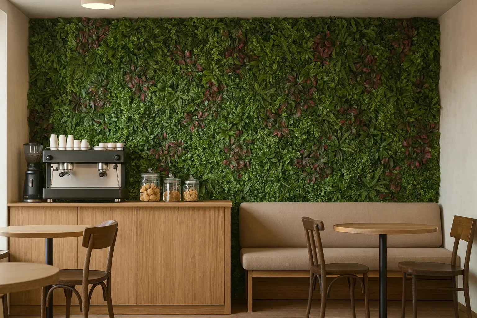 Add some vibrancy with jungle hedge wall tiles in randomised orientation to 'bring the outside in'