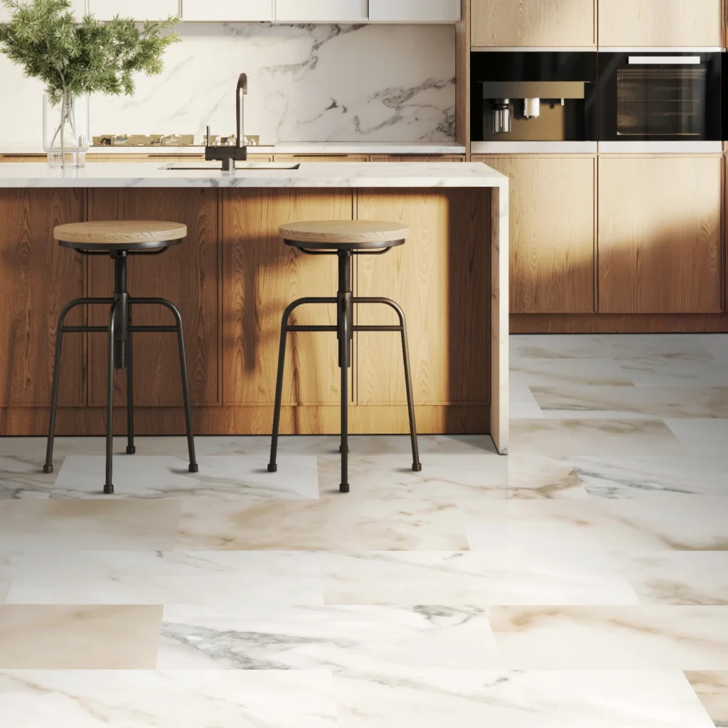 Marble effect aqua composite splashback feature wall to complement the flooring