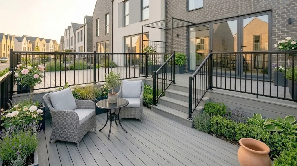 Black aluminium balustrades installed on a grey composite decking patio area within a modern UK housing development