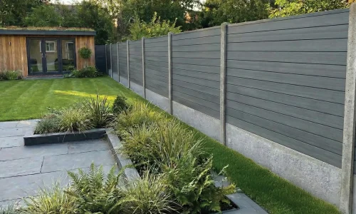 Seal Grey composite fence boards used with traditional UK concrete posts